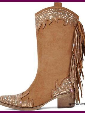 Faux Suede Western Boots with Studded Fringe, Square Toe, Mid Calf